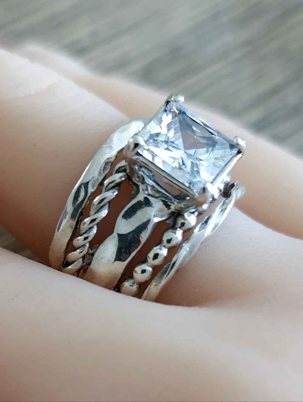 Noa Zuman Signed Sterling Silver 925 Clear CZ Stone Hammered 6.5 Ring Israel - Picture 8 of 12